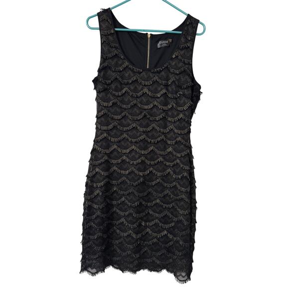 Guess Black Gold Eyelash Fringe Scalloped Sheath Dress‎ Size 14 - Picture 1 of 6